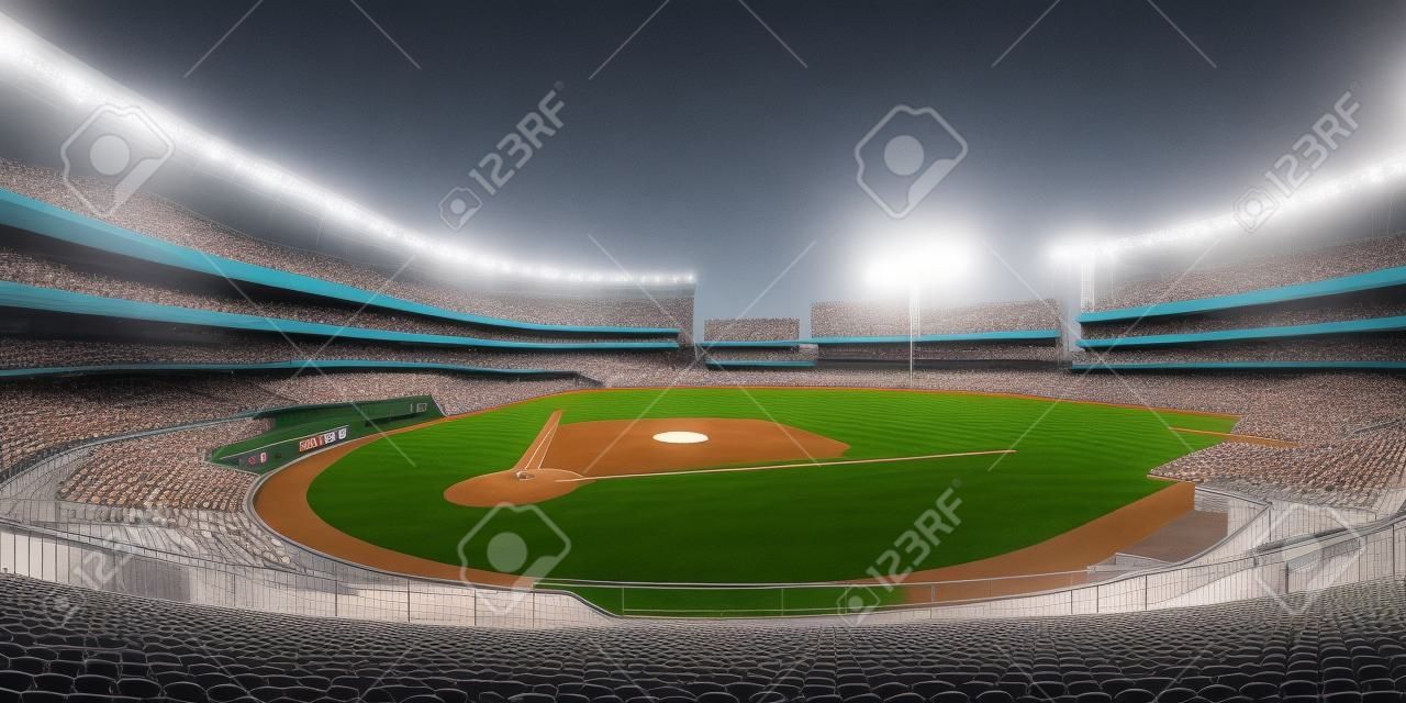 Algemeen uitzicht op verlicht honkbalstadion en speeltuin vanaf de tribune, moderne openbare sport verlicht gebouw 3D render achtergrond