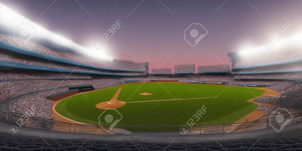 Gesamtansicht des beleuchteten Baseballstadions und des Spielplatzes von der Tribüne, moderner öffentlicher Sport beleuchtetes Gebäude 3D-Render-Hintergrund