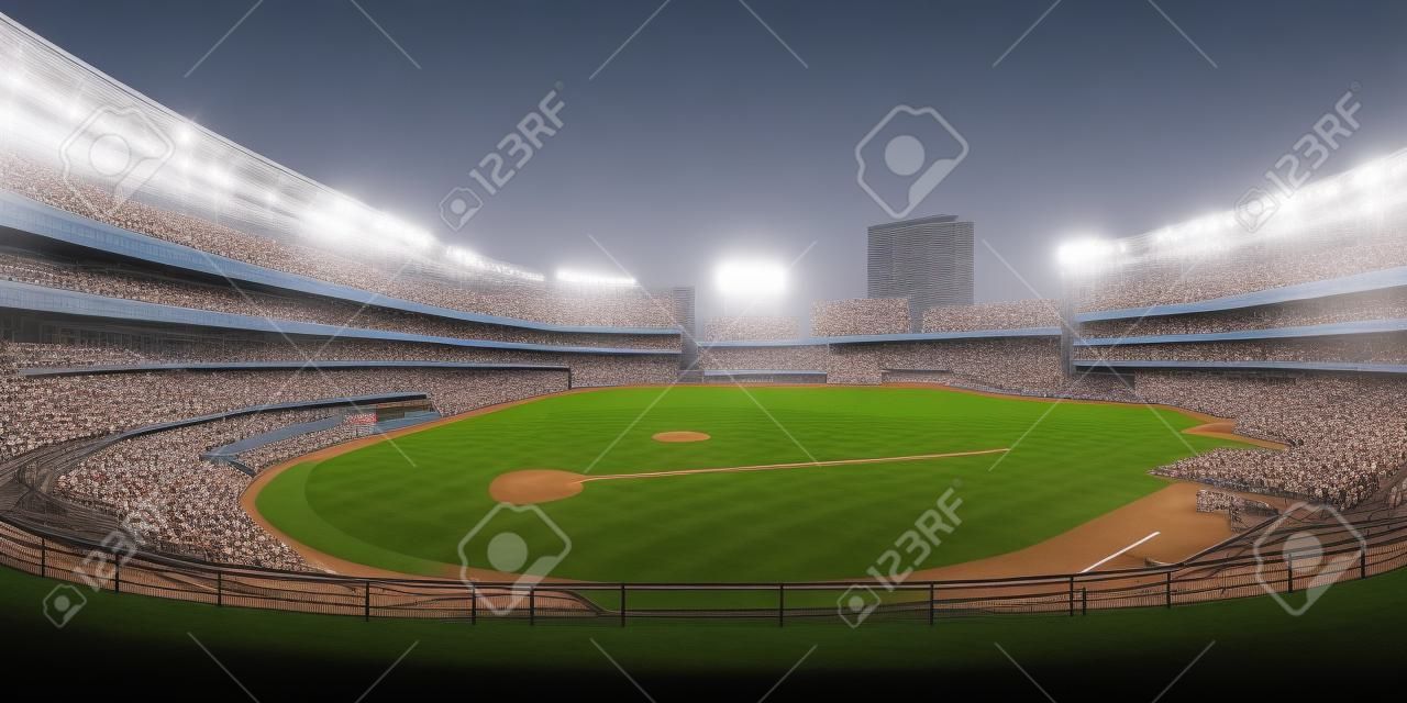 Algemeen uitzicht op verlicht honkbalstadion en speeltuin vanaf de tribune, moderne openbare sport verlicht gebouw 3D render achtergrond