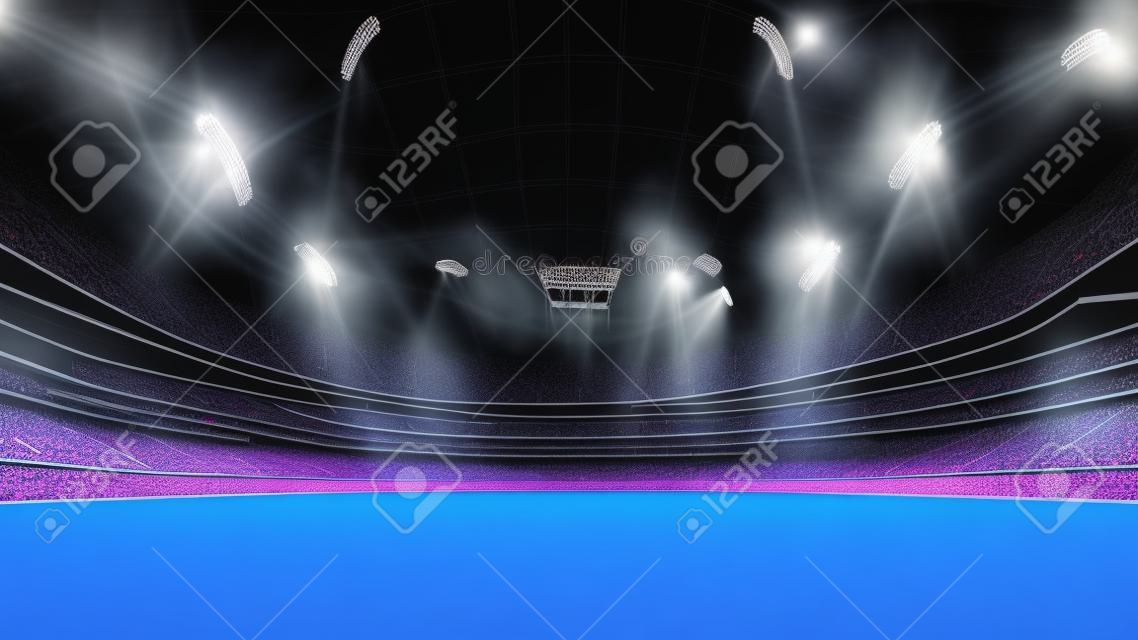 Sport stadium with grandstands full of fans, shining night lights and blue artificial surface. Digital 3D illustration of sport stadium for background use.
