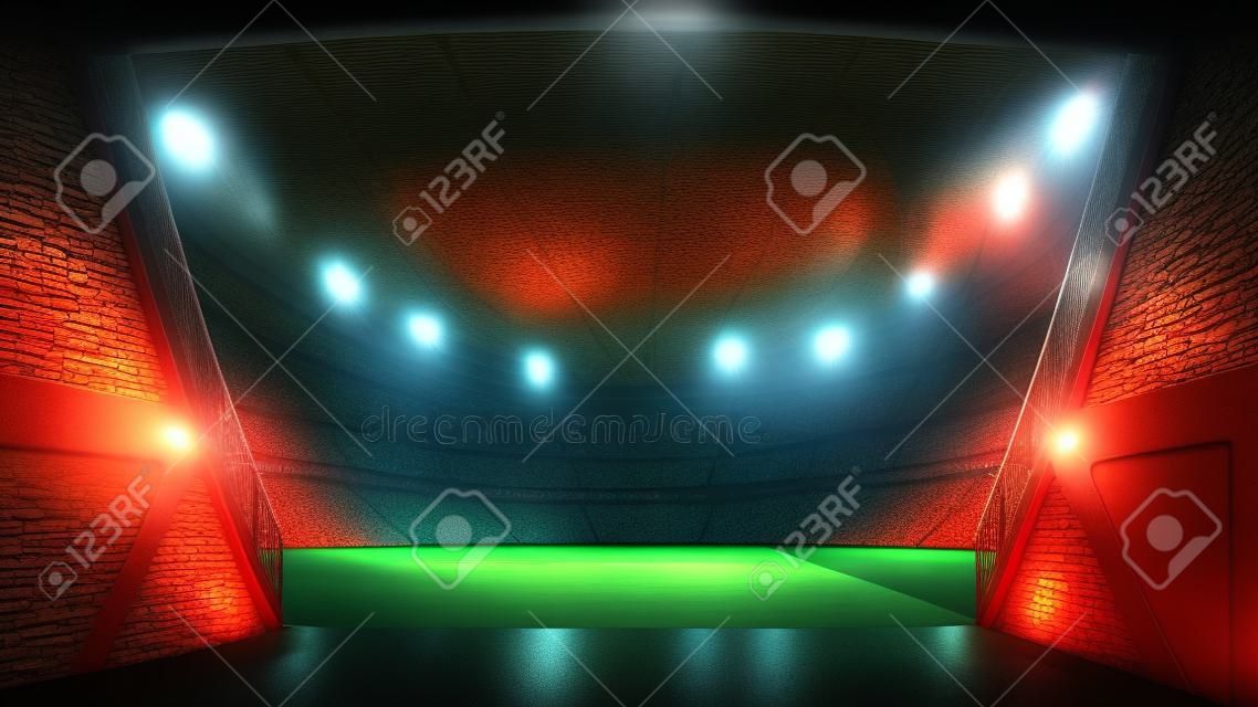 Túnel del estadio que conduce al patio de recreo. Entrada de los jugadores al estadio de baloncesto iluminado lleno de fans. Fondo de ilustración digital 3D para publicidad deportiva.