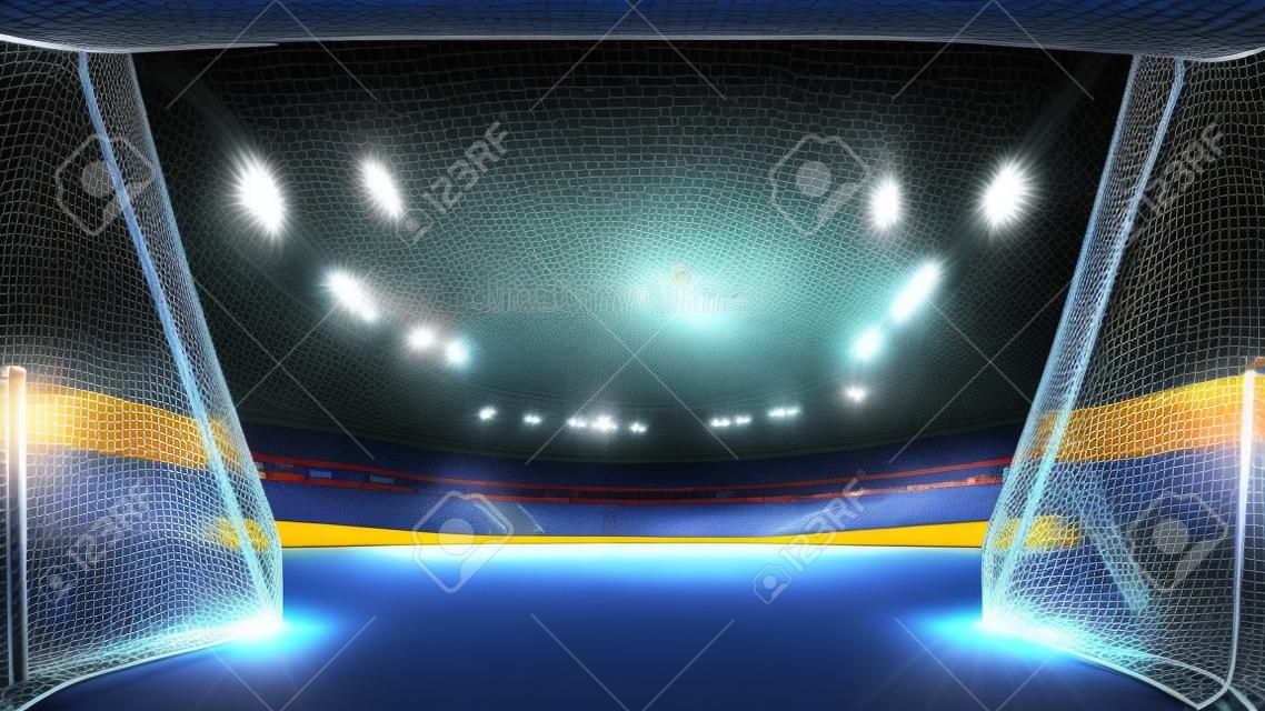 Tunnel dello stadio che porta al parco giochi. Ingresso dei giocatori allo stadio illuminato di hockey su ghiaccio pieno di fan. Sfondo di illustrazione digitale 3D per pubblicità sportiva.