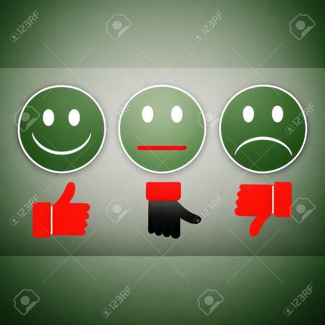 Green smiley thumbs up well. Black Smiley finger toward neutral. Red Smiley bad finger down.  On a gray background