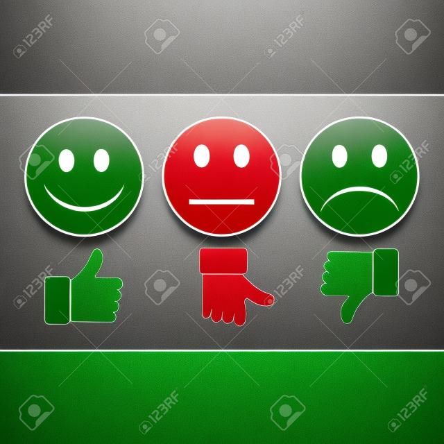Green smiley thumbs up well. Black Smiley finger toward neutral. Red Smiley bad finger down.  On a gray background
