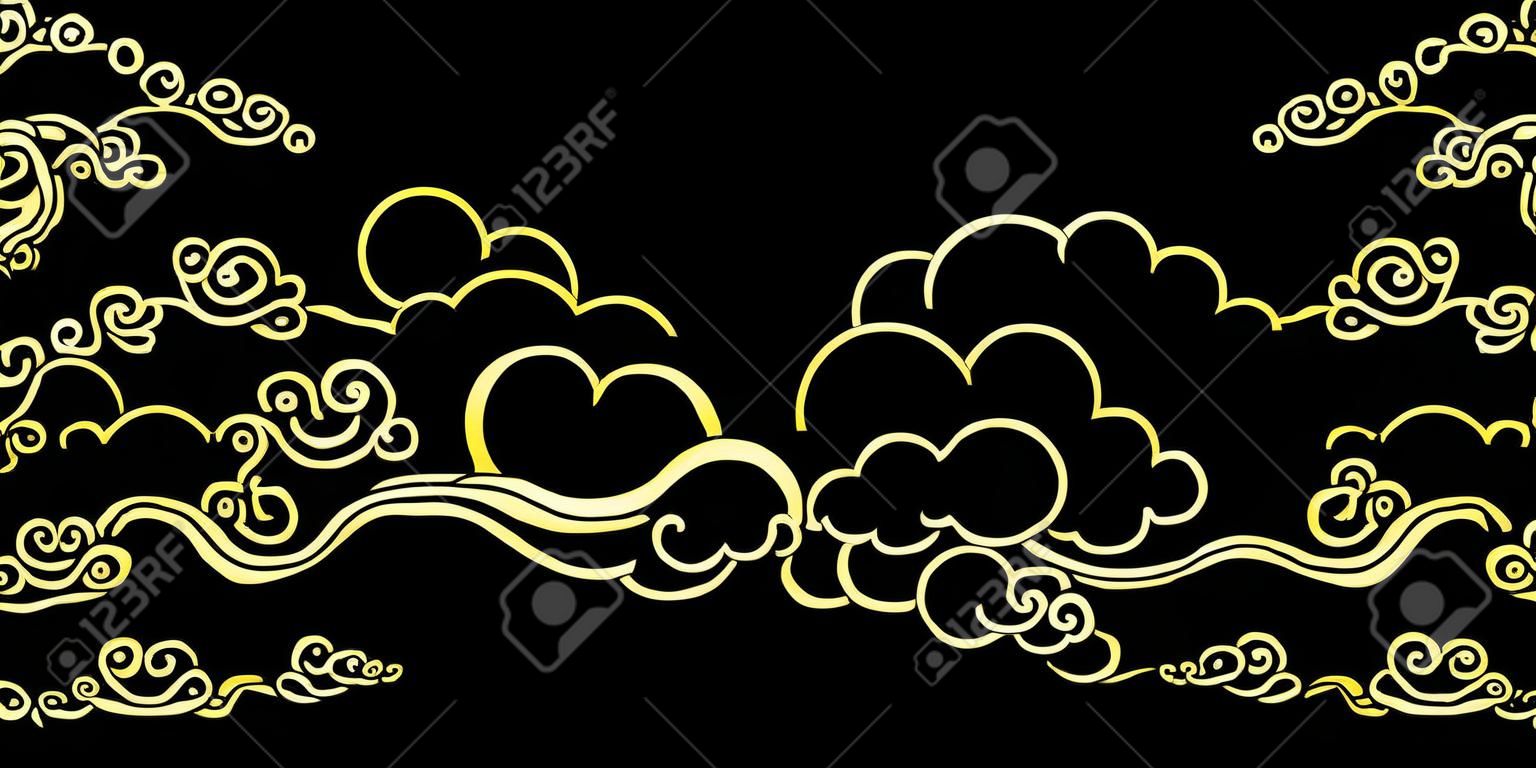 Seamless border with Golden Chinese clouds different shapes on a black background. Template for oriental art decoration.
