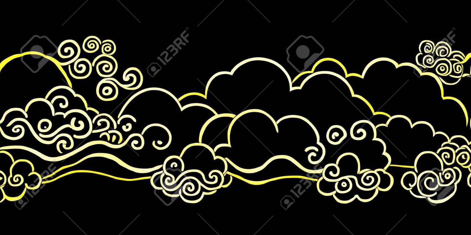 Frontera sin costuras con nubes chinas doradas de diferentes formas sobre un fondo negro. Plantilla para decoración de arte oriental.