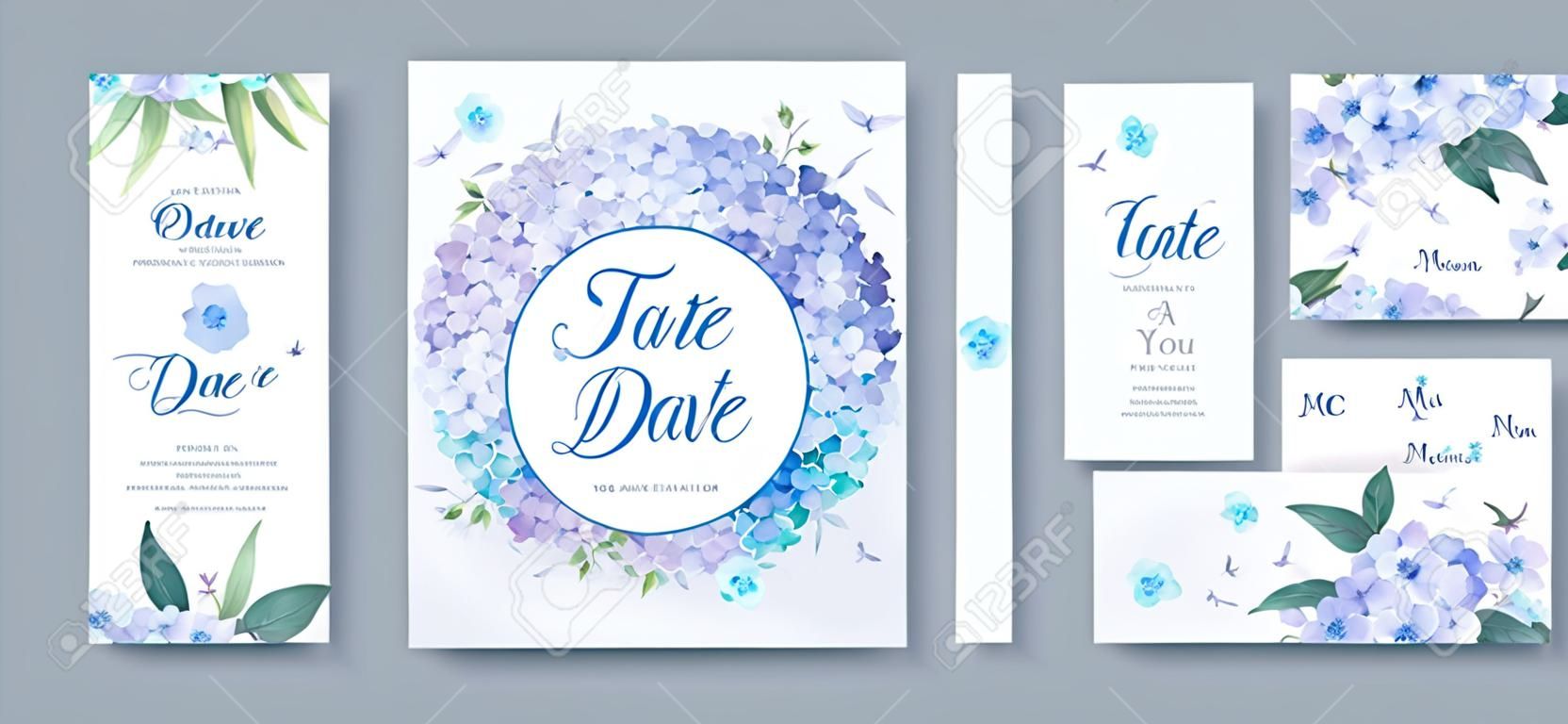 Wedding invitation card template. Floral design with blooming flowers of light-blue and violet Phloxes, green leaves. Vector illustration in delicate pastel palette