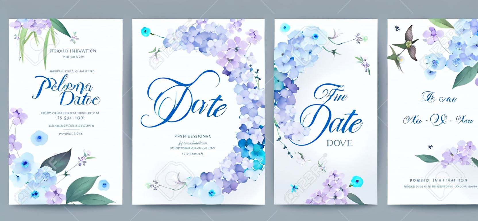 Wedding invitation card template. Floral design with blooming flowers of light-blue and violet Phloxes, green leaves. Vector illustration in delicate pastel palette