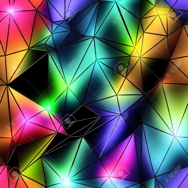 Neon szivárvány alacsony sokszög varrat nélküli minta. Sötét háttér izzó csillogó lézer háromszög háló spektrum színekben. A modern technológia összekapcsolja a grafikont és a shinning pontokat.