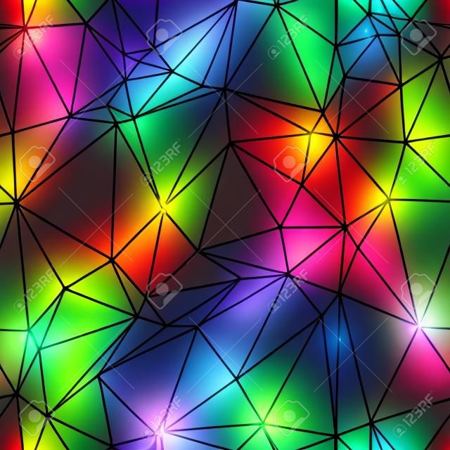 Neon szivárvány alacsony sokszög varrat nélküli minta. Sötét háttér izzó csillogó lézer háromszög háló spektrum színekben. A modern technológia összekapcsolja a grafikont és a shinning pontokat.