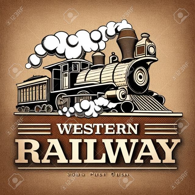 Locomotiva de trem a vapor vintage, ilustração vetorial estilo gravura. Em fundo marrom. Modelo de design de logotipo.