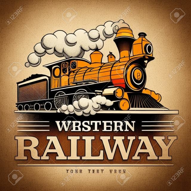 Locomotiva de trem a vapor vintage, ilustração vetorial estilo gravura. Em fundo marrom. Modelo de design de logotipo.
