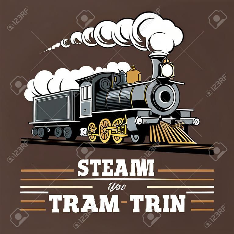 ●ビンテージ蒸気機関車、彫刻風ベクトルイラスト。茶色の背景に。ロゴ デザイン テンプレート。