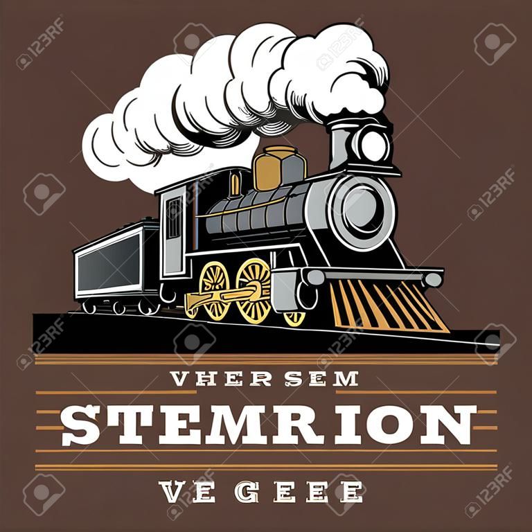 Lokomotywa pociągu parowego, Grawerowanie styl wektor ilustracja. Na brązowym tle. Szablon projektu logo.