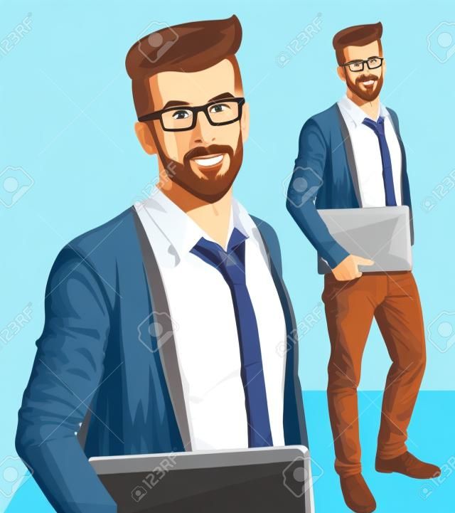 Вектор хипстеров деловой человек с ноутбуком в руках