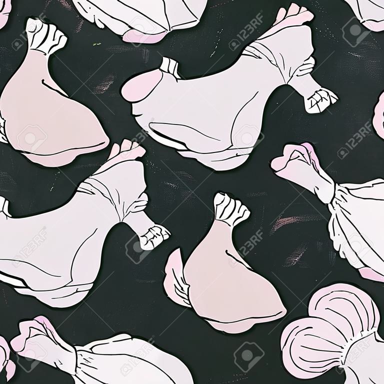 Seamless with Raw Chicken or Turkey. Fresh Meat Food Pattern. Isolated on a Black Chalkboard Background. Realistic Doodle Cartoon Style Hand Drawn Sketch Vector Illustration.