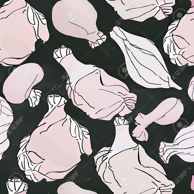 Seamless with Raw Chicken or Turkey. Fresh Meat Food Pattern. Isolated on a Black Chalkboard Background. Realistic Doodle Cartoon Style Hand Drawn Sketch Vector Illustration.