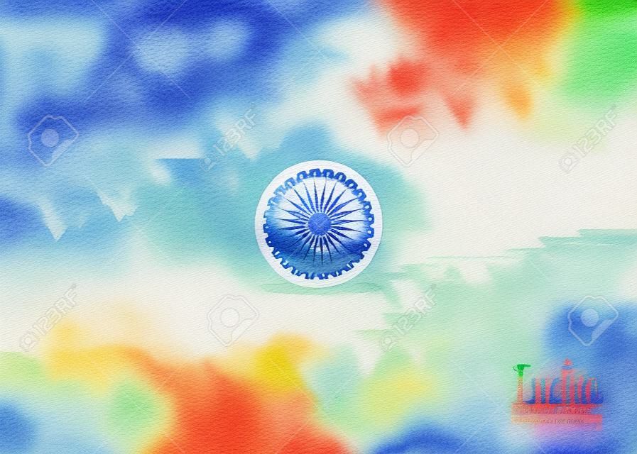 水彩背景印度獨立日。水彩風格背景繪製印度國旗和遏制印度宮廷和棕櫚樹的圖像。