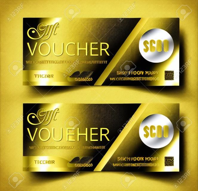 Voucher, Gift certificate, Coupon template. Floral, scroll pattern. Background design for invitation, ticket, cheque. Black, gold vector