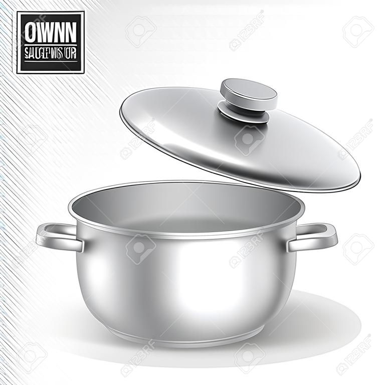 Metal saucepan with lid. Realistic vector on transparent background, 3d illustration