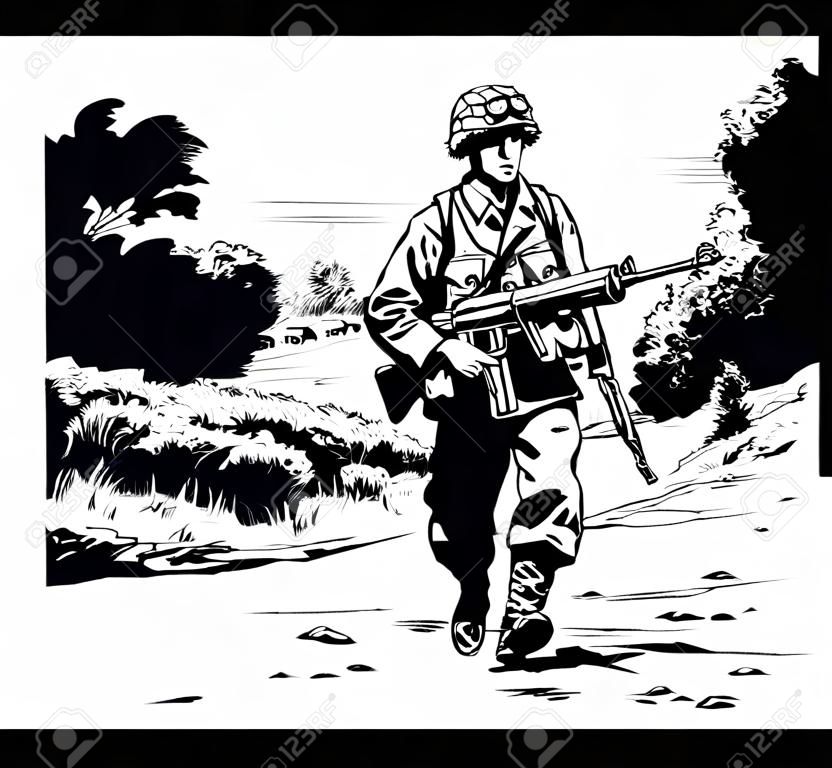 Vector illustration of a British WW2 paratrooper carrying an anti-tank weapon