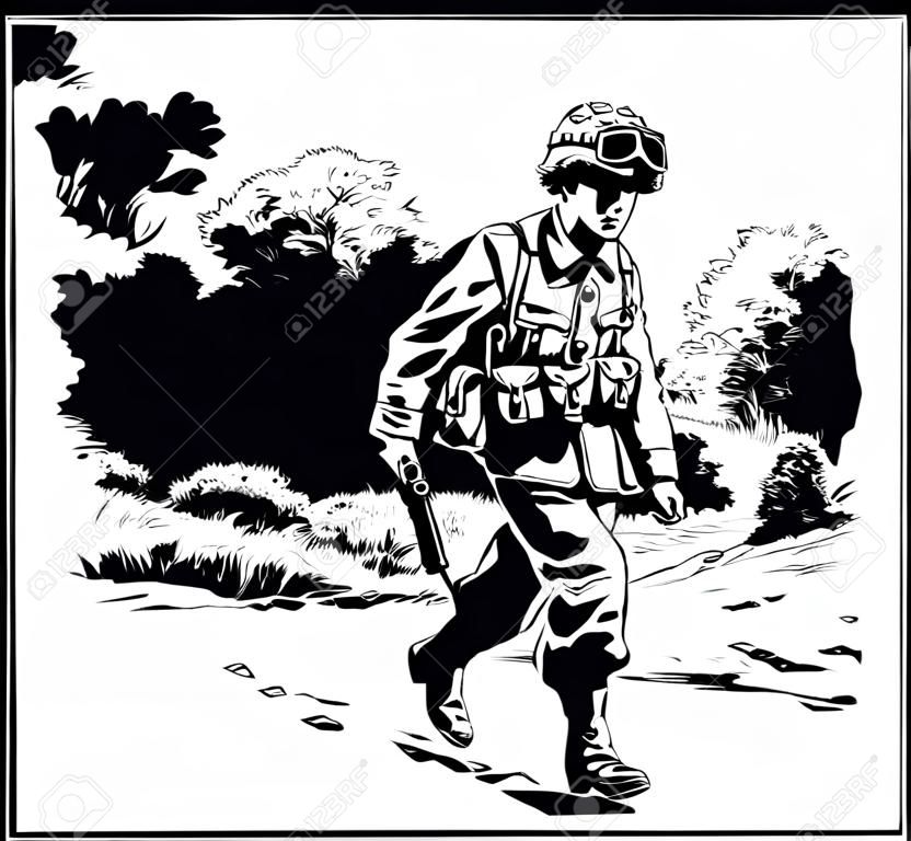 Ilustracja wektorowa brytyjskiego spadochroniarza z II wojny światowej niosącego broń przeciwpancerną
