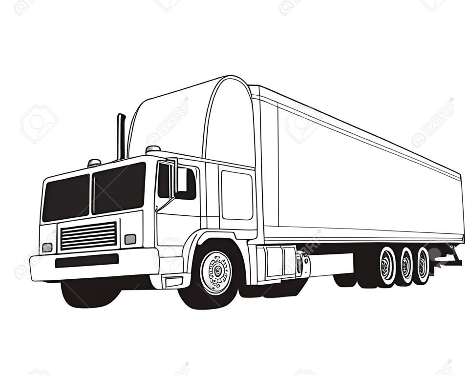 illustrazione vettoriale in bianco e nero di un rimorchio per camion