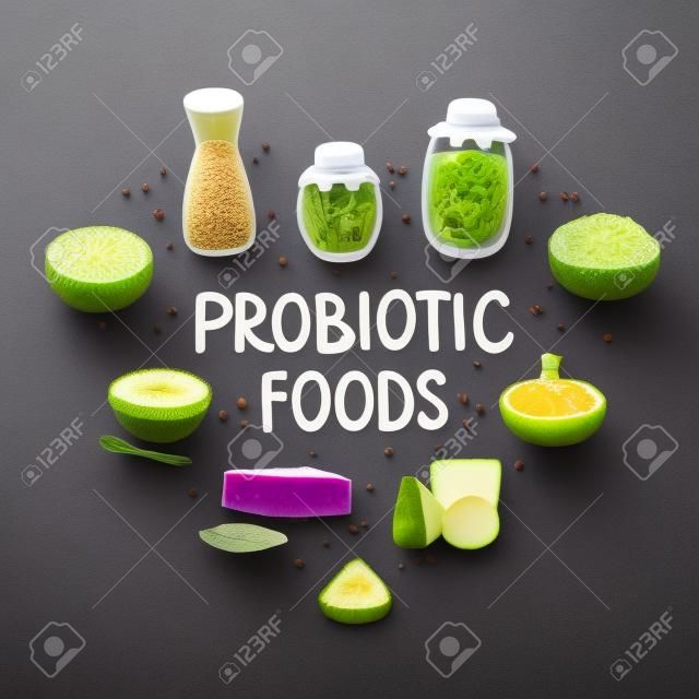 Vector probiotic foods. Best sources of probiotics. Beneficial bacteria improve health. Design is for label, brochure, menu, poster, advertising banner, article about diets, healthy proper nutrition
