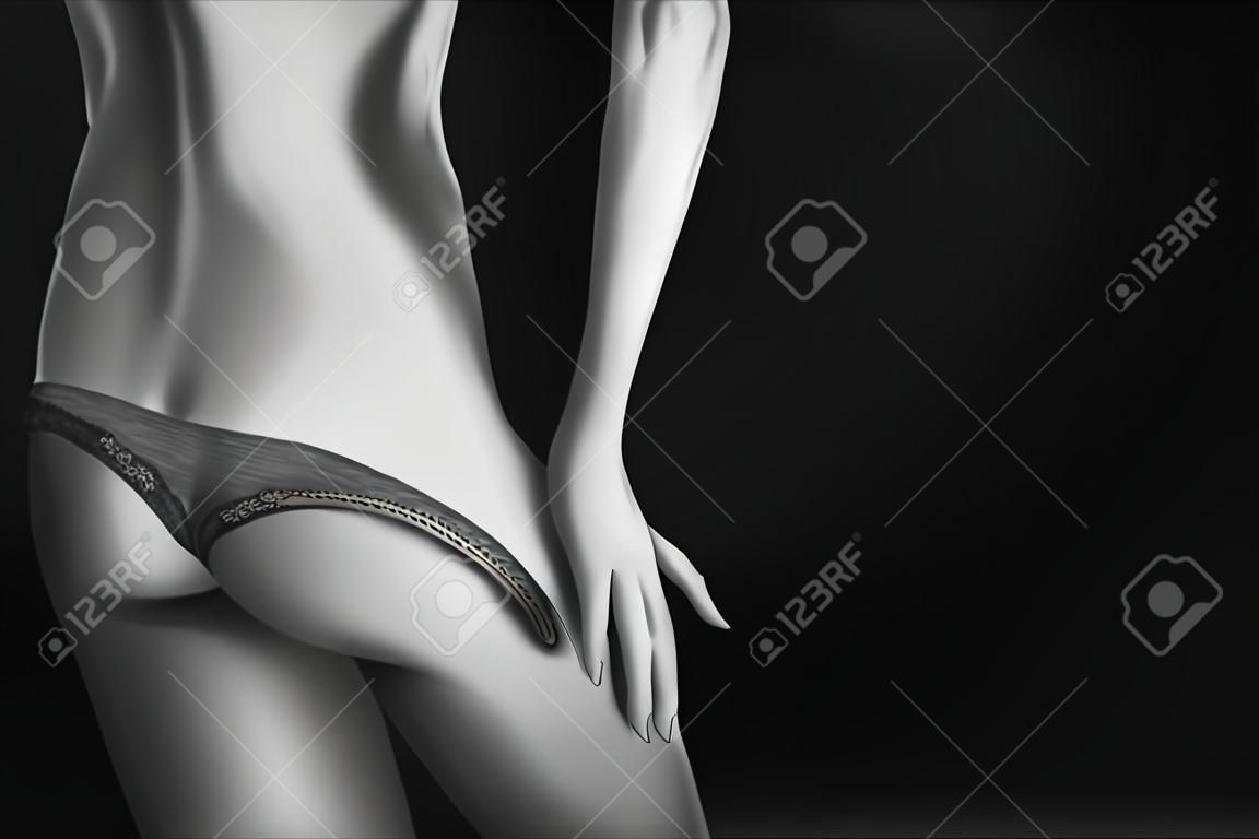 undressing panties from tan slim female body on black background with copyspace, monochrome