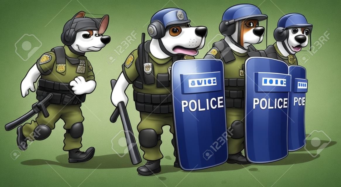 Los perros de dibujos animados en el uniforme de policía están de pie detrás de los escudos