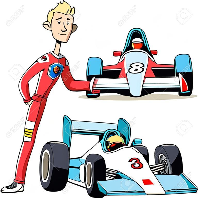 The brave  racer is standing near his blue racing car.