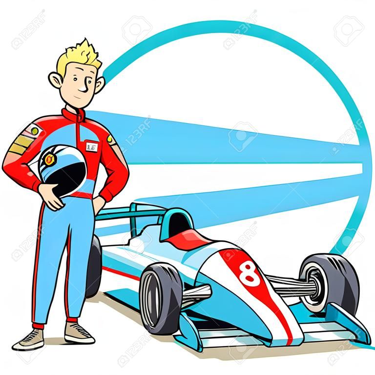 The brave  racer is standing near his blue racing car.