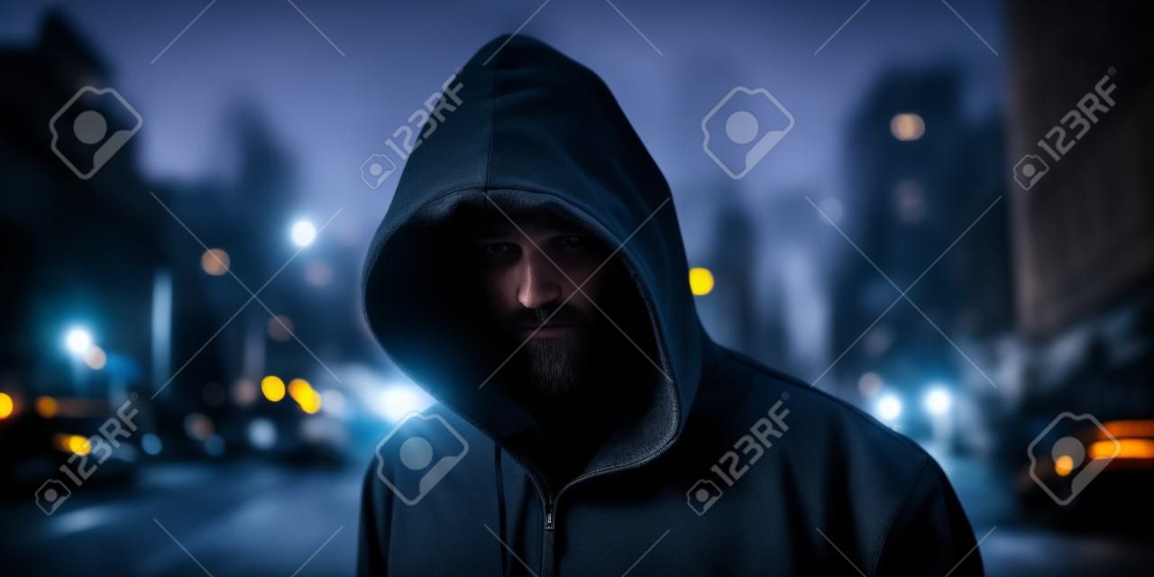 Hooded man with a hood on a city street at night