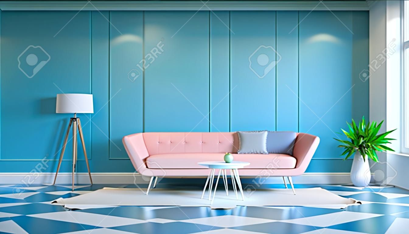 Retro modern interieur woonkamer, en zomer stijl, Gele lounge stoel met witte lamp op wit en blauwe muur.3d render