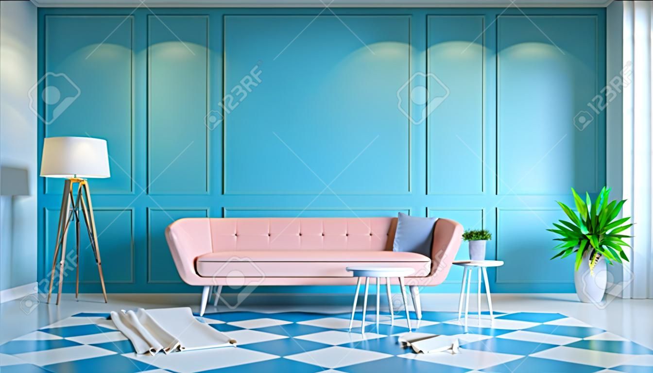 Ретро современный интерьер гостиной и летний стиль, желтый шезлонг с белой лампой на бело-синей стене. 3D визуализация