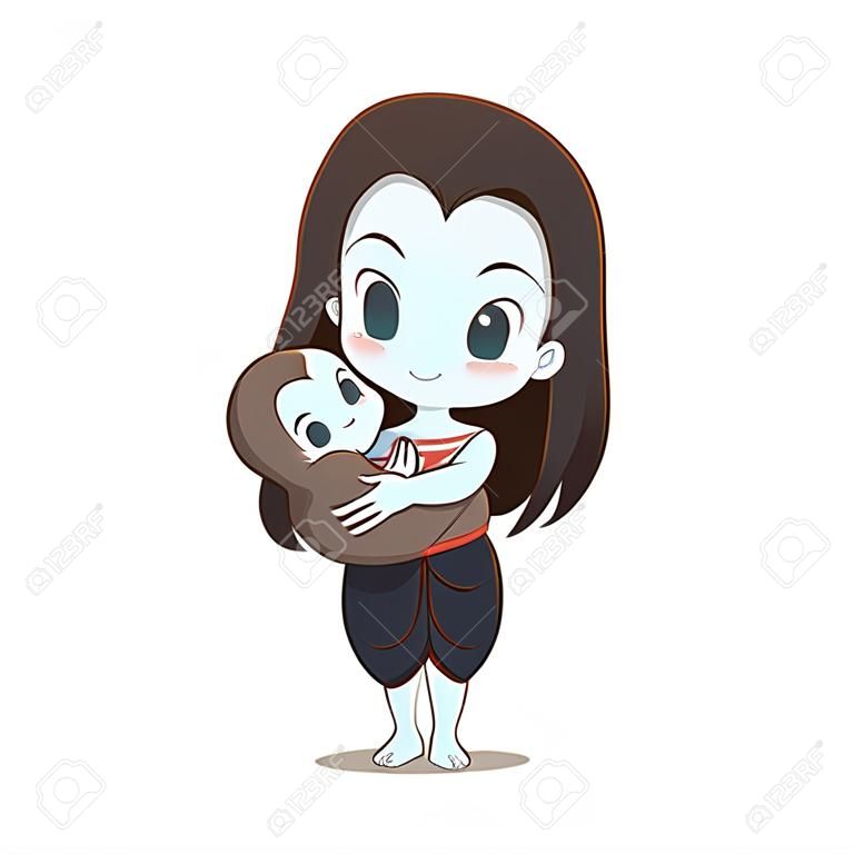 Cartoon character of Thai female ghost Carrying a child.