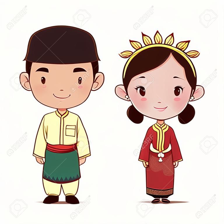 Couple de personnages de dessins animés en costume traditionnel malais.