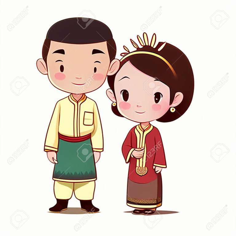 マレーシアの伝統的な衣装で漫画のキャラクターのカップル。