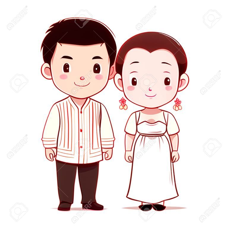 Cute couple of cartoon characters in Philippines traditional costume.