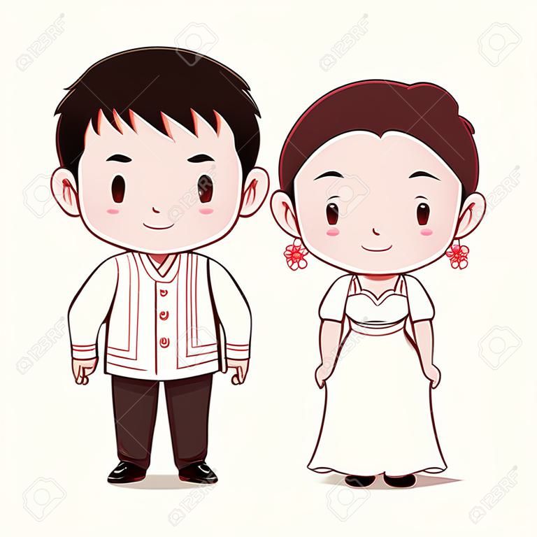 Cute couple of cartoon characters in Philippines traditional costume.