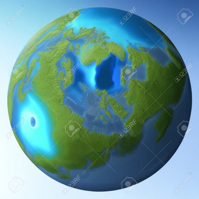 Glob, realistyczny rendering D 3. Arctic view (Biegun Północny). Na białym tle.