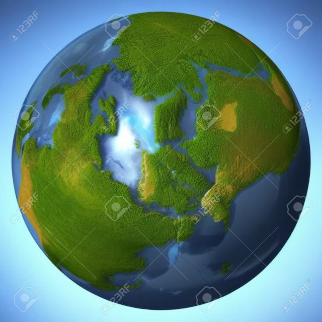 Földgömb, reális 3 dimenziós renderelés. Arctic nézet (északi pólus). Fehér háttérrel.