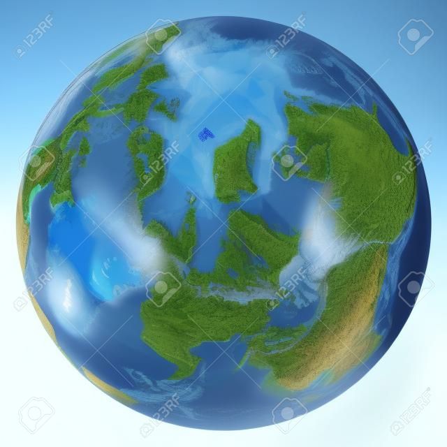 地球のグローブ、リアルな 3 D レンダリング。北極ビュー (北極)。白い背景と。