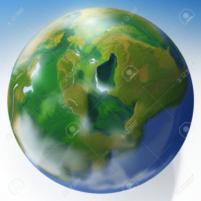 Earth globe, realistic 3 D rendering. Arctic view (North pole). On white background.