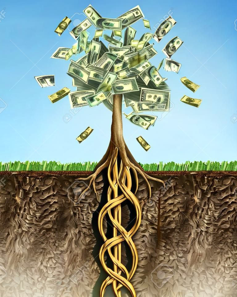 Money tree in soil cross section showing US Dollar sign roots.
