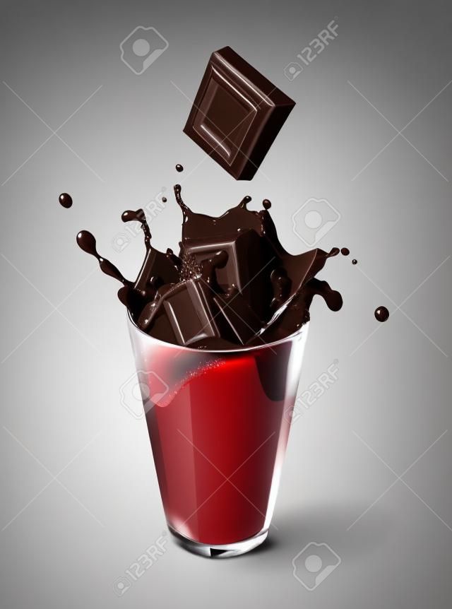 Шоколад блоков попадания в полный стакан жидкий шоколад, брызг. На белом фоне.