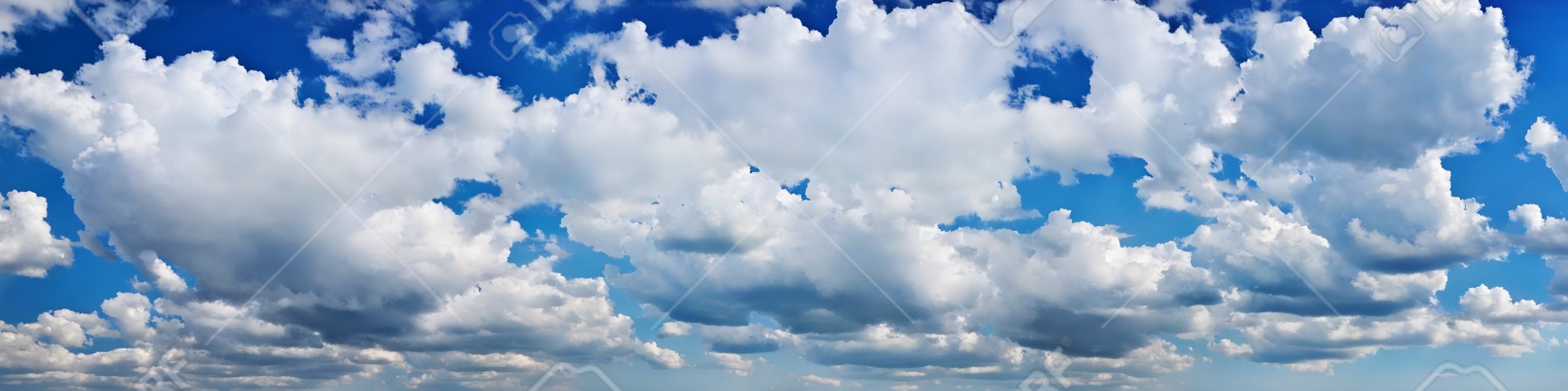 Blue sky with many cumulus fluffy white clouds. Very wide format.