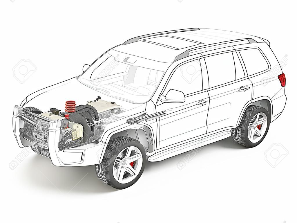 Suv cutaway drawing showing realistic undercarriage details plus accessories in ghost effect. On white bacground.
