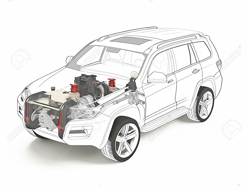 Suv cutaway drawing showing realistic undercarriage details plus accessories in ghost effect. On white bacground.