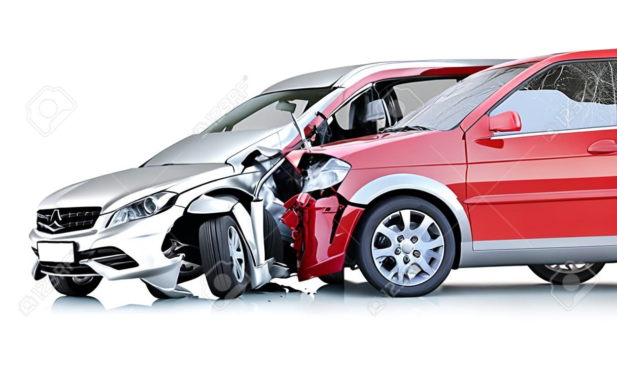 Two cars accident. Crashed cars. A red van against a silver sedan. Big damage. Isolated on white background. Viewed from a side.